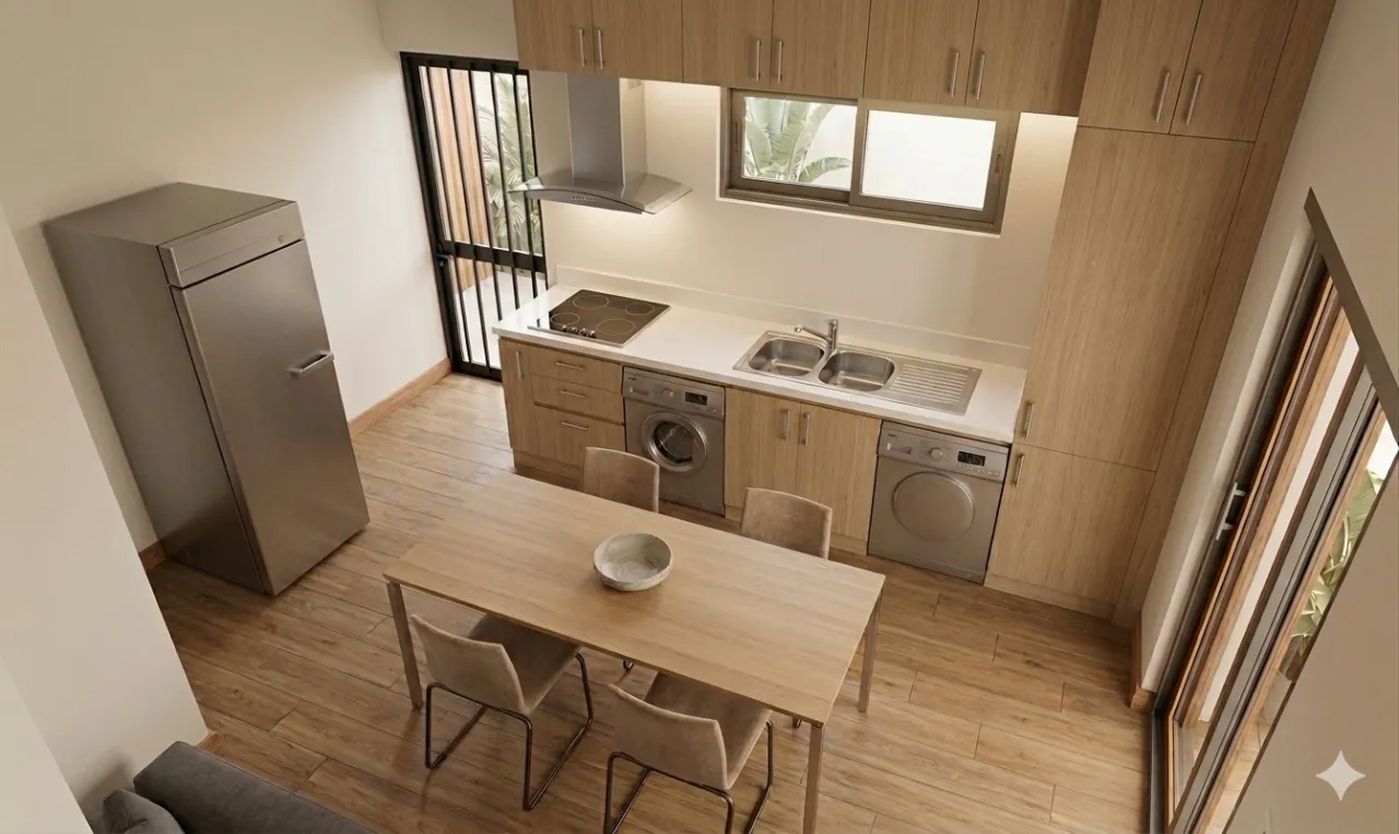 Cuisine ouverte sur séjour d’une maison individuelle à La Réunion — perspective 3D
