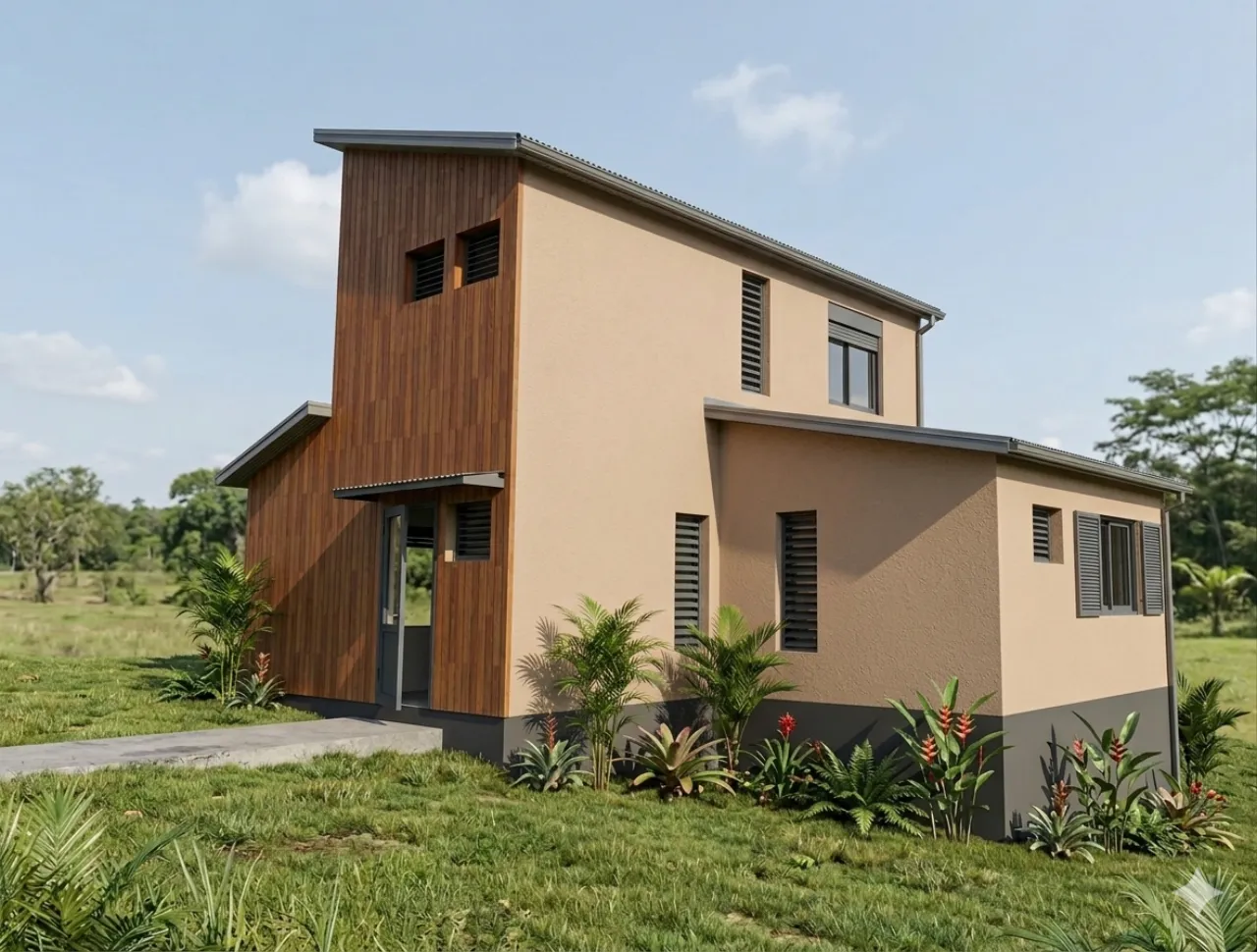 Maison contemporaine à étage, bardage bois et enduit — étude de permis de construire, La Réunion