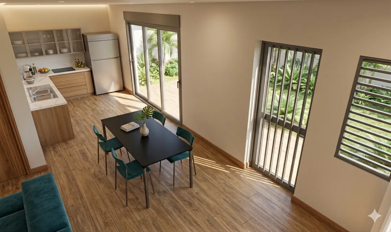 Plan d’aménagement intérieur : séjour-cuisine traversant, ventilation naturelle — dessinateur 974