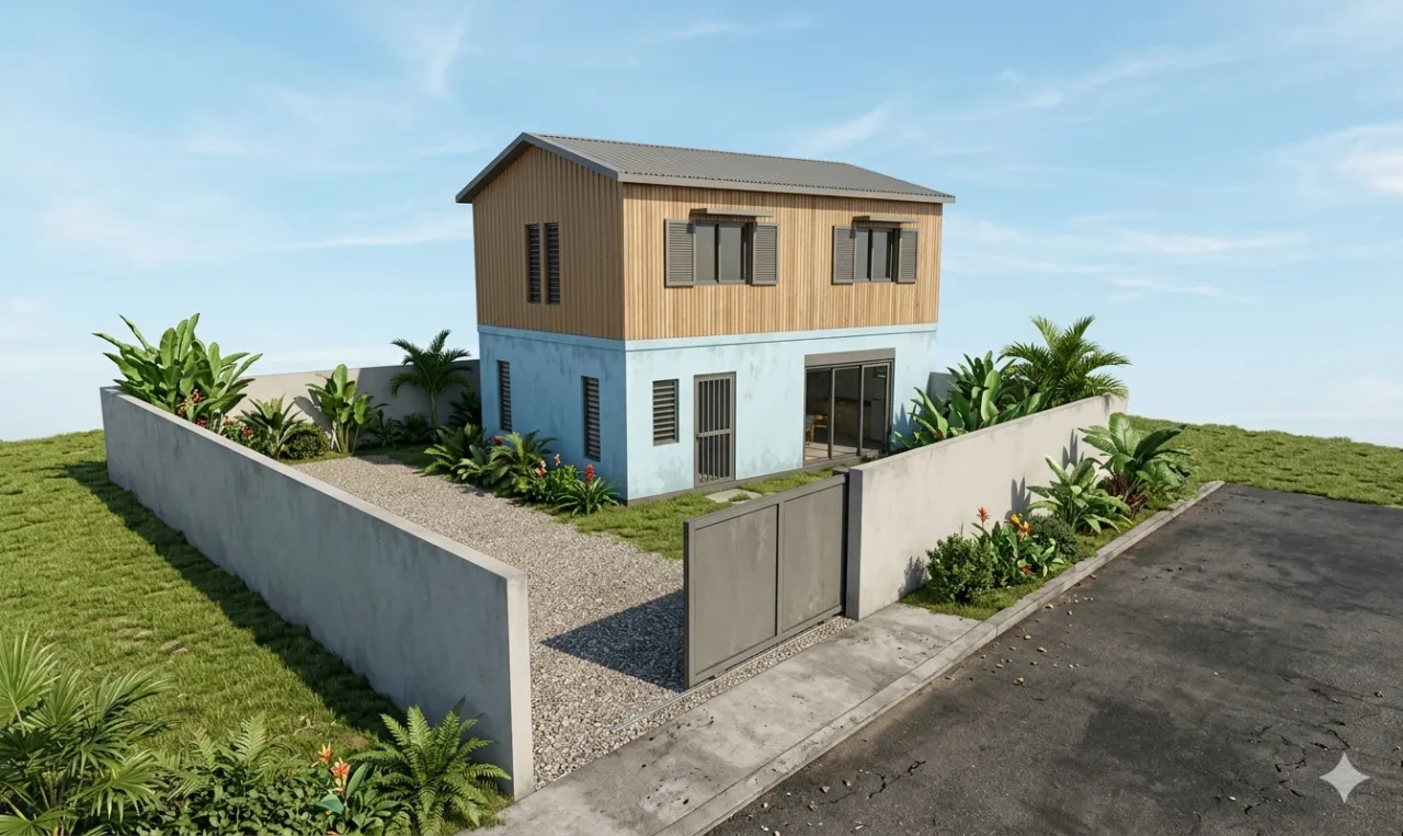 Plan maison 974 — perspective 3D d’une maison individuelle R+1 dessinée à La Réunion